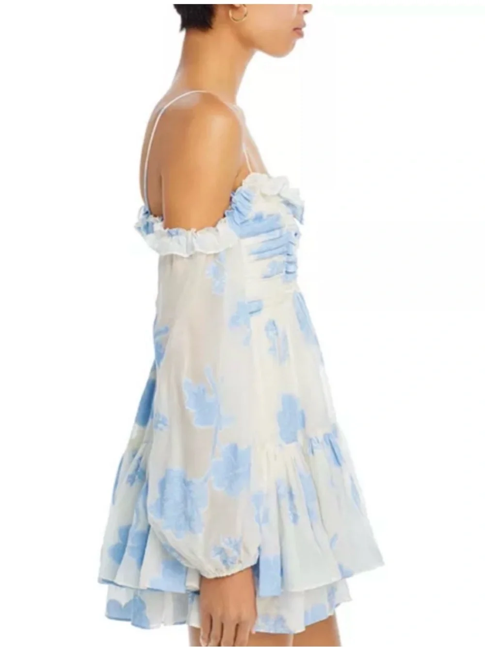 LoveShackFancy Blue and White Floral Off-Shoulder Mini Dress - Picture 2 of 5